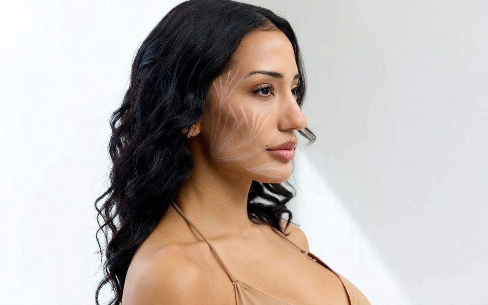 Woman in profile with light lift lines drawn along her jaw and cheek