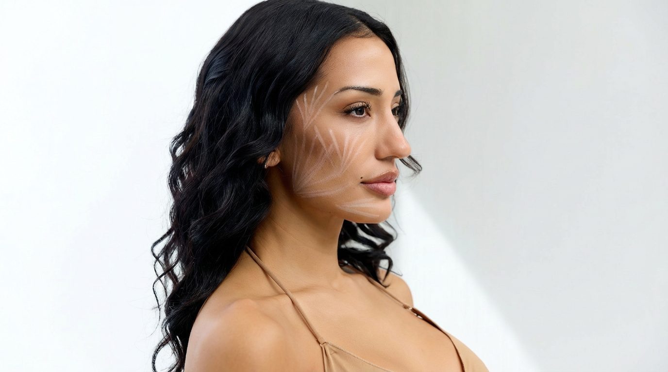 Woman in profile with lift lines drawn along her temple and cheekbone, showing where Sculptra supports the outer frame of the face